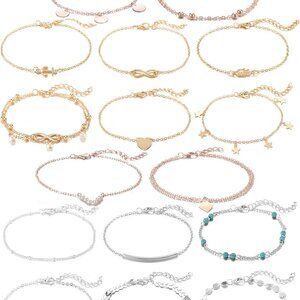 16Pcs Ankle Bracelets for Women Gold Silver Two Style Chain Beach Anklet Bracele